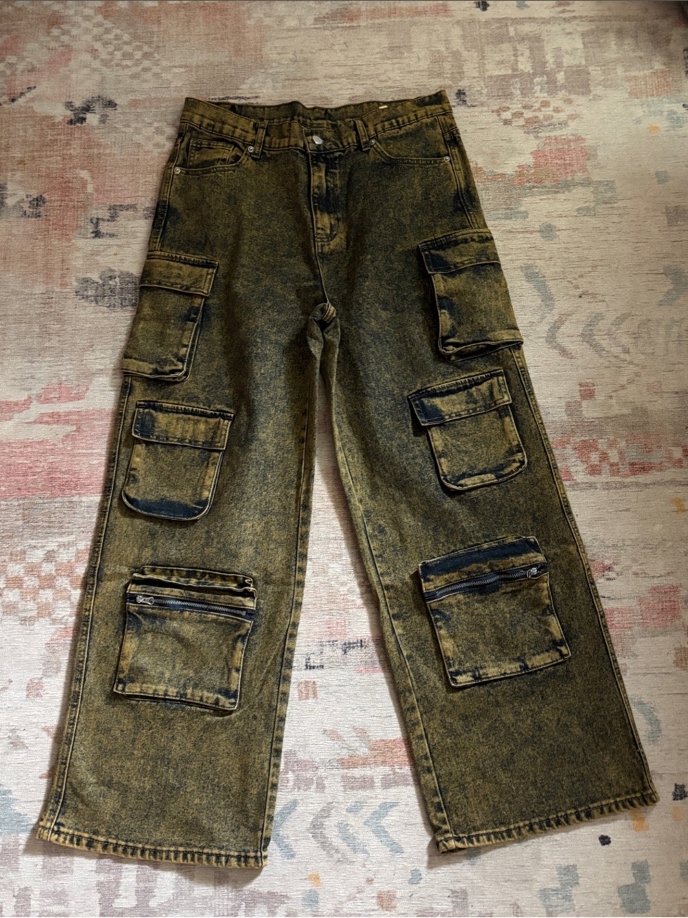 Yellow Washed Cargo Pants with Multiple Pockets